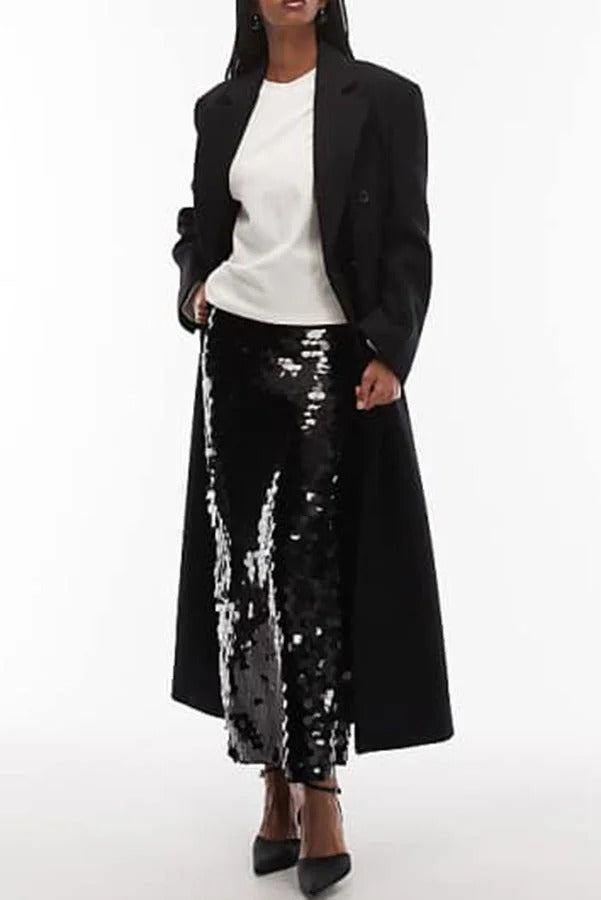 Chic Holiday Look Large Sequins High Rise Zipper Waist Slit Maxi Skirt