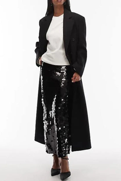 Chic Holiday Look Large Sequins High Rise Zipper Waist Slit Maxi Skirt