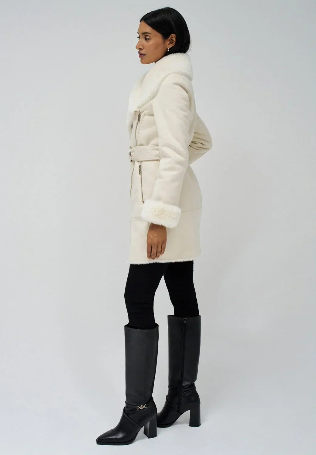 Faux Shearling Coat | Turn-Down Collar | Side Zip Closure