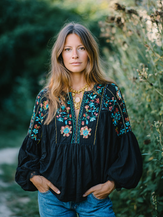 sheenchic Vacation Black V Neck Lantern Sleeve Long Sleeve Embroidery Boho Contrast Linen Blouses [Pre-Order]