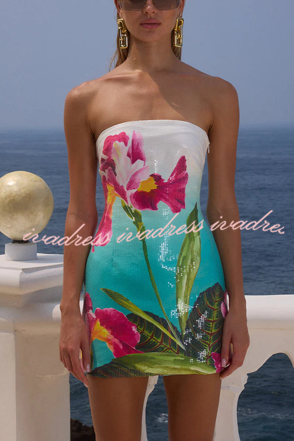 Vestido mini elástico sin tirantes con estampado único de lentejuelas para club de playa 