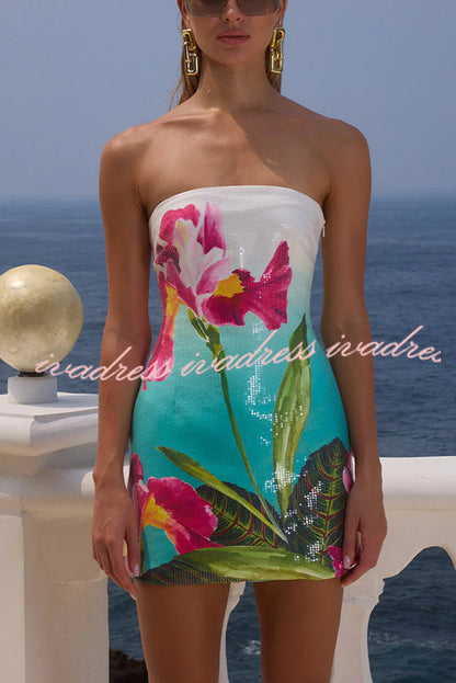 Vestido mini elástico sin tirantes con estampado único de lentejuelas para club de playa 