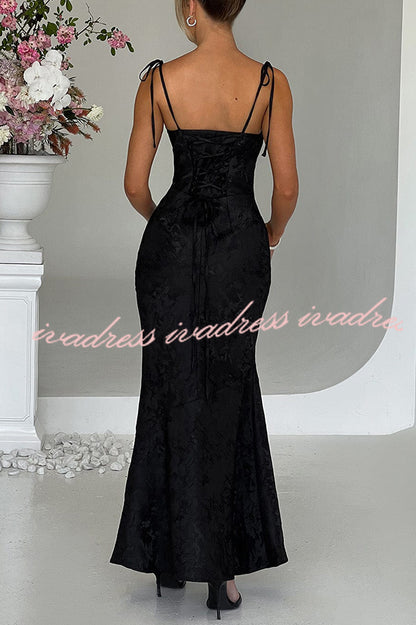 Jacquard Fabric Elegant Suspender Tie Slim Fishtail Maxi Dress