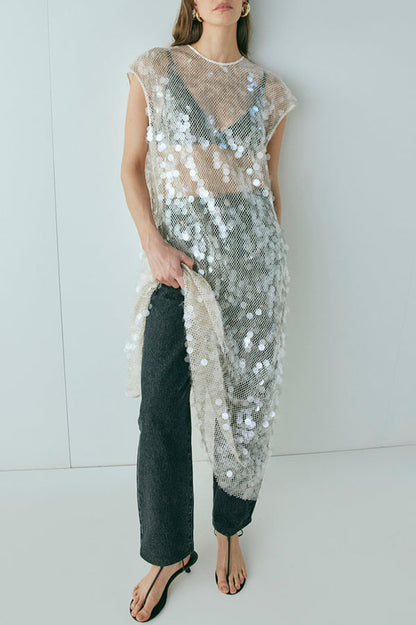 Like Gelato Sheer Large Sequin Short Sleeve Cover-up Maxi Dress