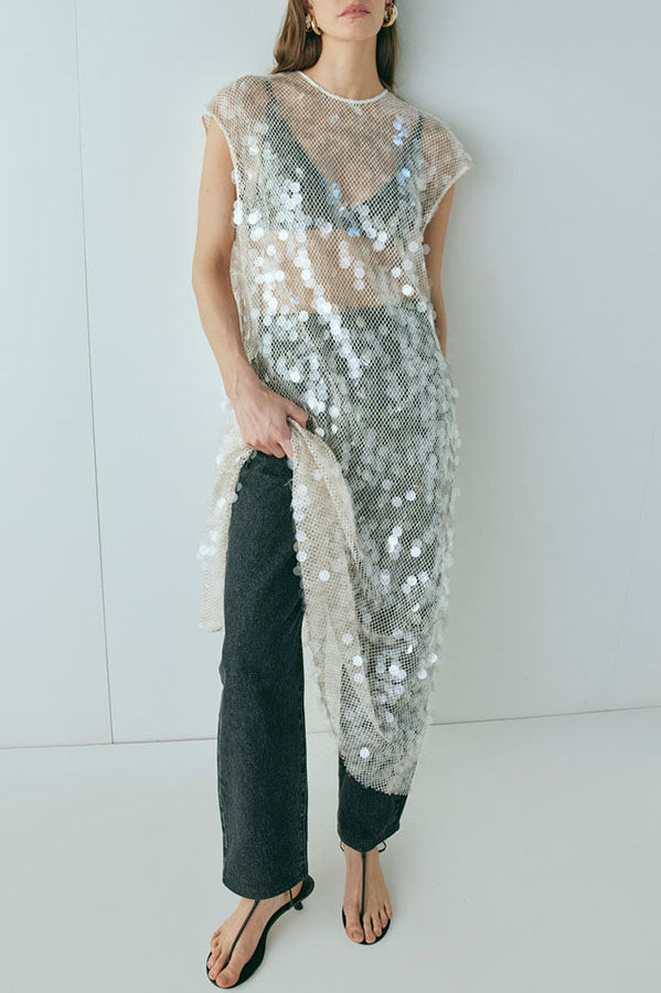 Like Gelato Sheer Large Sequin Short Sleeve Cover-up Maxi Dress