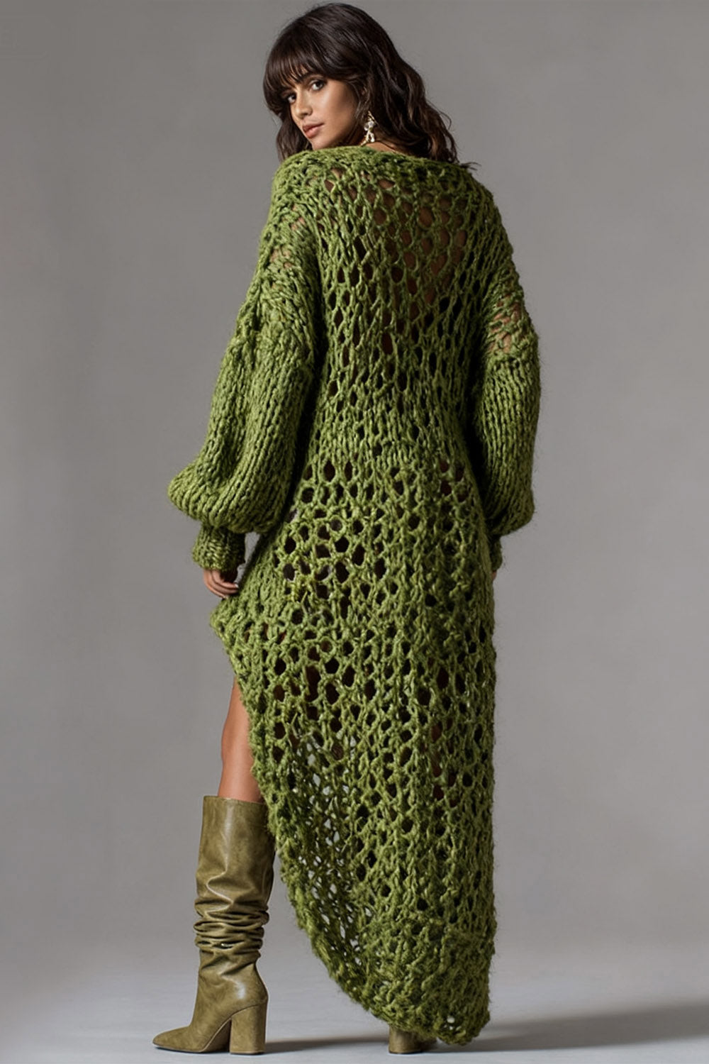 sheenchic Party Army Green V Neck Long Sleeve Asymmetric Hem Western Rib Knit Mini Dresses