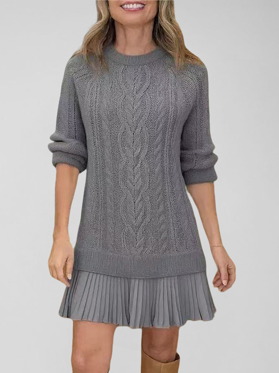 Daily Chiffon Beige Round Neck Long Sleeve Contrast Casual Knitted Mini Dresses