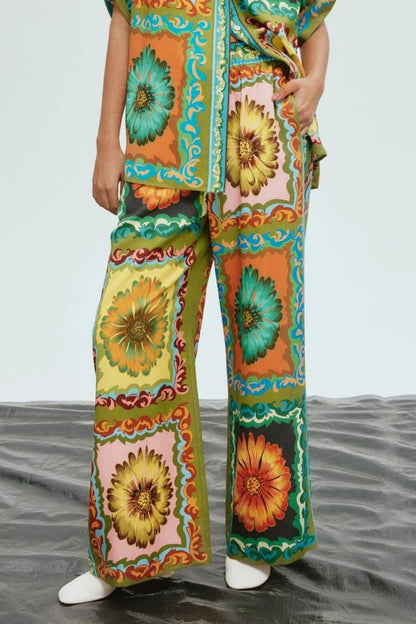 Unique Sunflower Print Wide Leg Pants-Set
