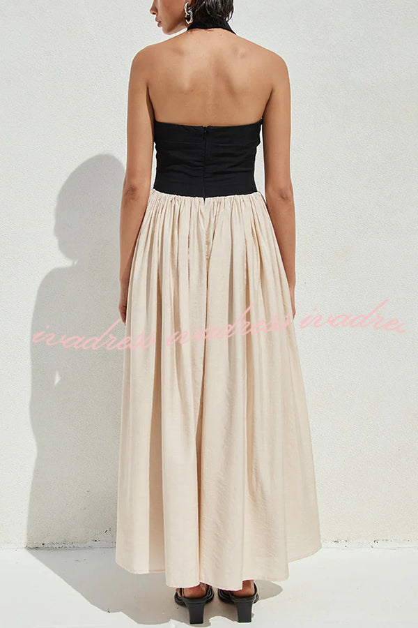 Fashion Contrast Color Stitching Sleeveless Backless Slim Maxi Dress
