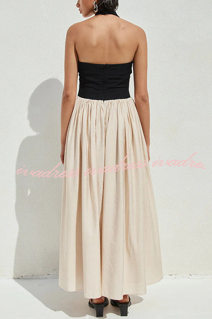 Fashion Contrast Color Stitching Sleeveless Backless Slim Maxi Dress