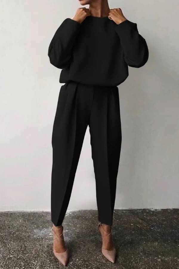 Casual Solid Color Round Neck Pencil Pants Suit