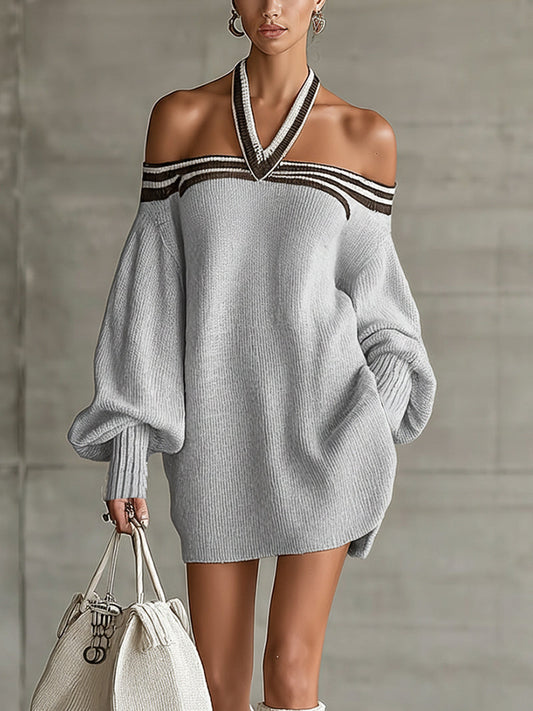 Gray Knit Off-Shoulder Halter Mini Sweater Dress