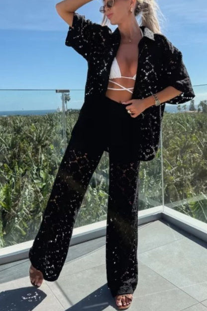 Holiday Crochet Flowers Lace Short Sleeve Shirt and Elastic Waist Wide Leg Pants Set