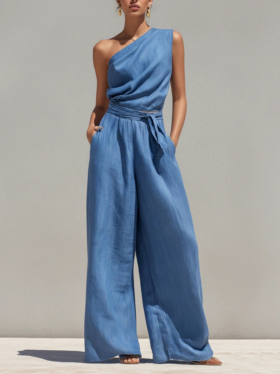 sheenchic Daily Blue One Shoulder Pocket Casual Two Piece Pant Sets [Pre-Order]