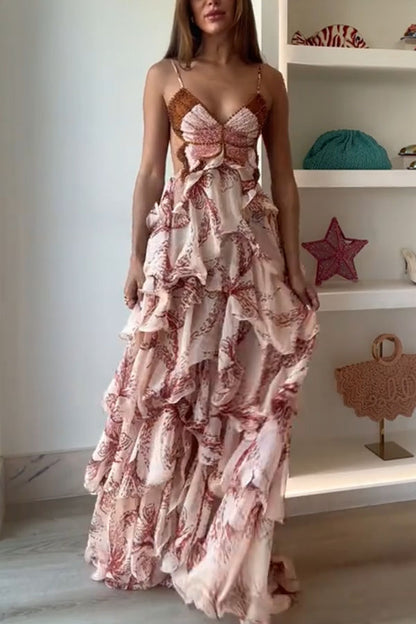 Ariae Butterfly Print Multi-layered Ruffles Backless Tie-up Maxi Dress