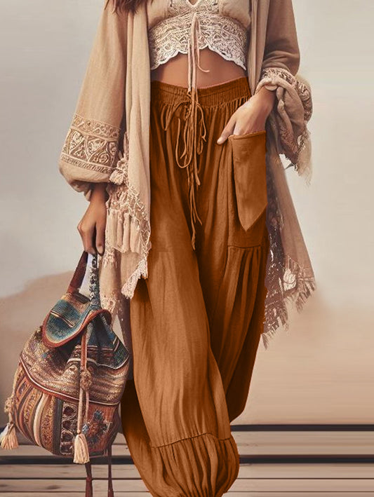 Retro Solid Color Drawstring Waist Pocket Bloomers Pants