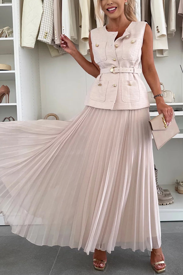 Relaxed and Elegant Round Neck Button Up Belted Pocket Loose Vest