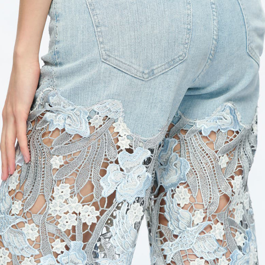 Casual Floral Lace Patchwork Hollow Out Straight Denim Jeans