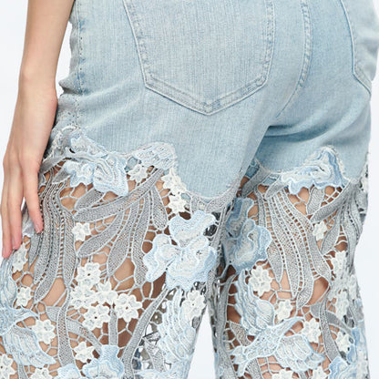 Casual Floral Lace Patchwork Hollow Out Straight Denim Jeans