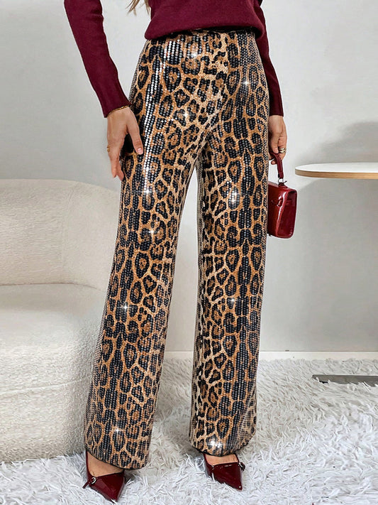 Party Metallic Brown Leopard Sequin Elegant Sequin Pants