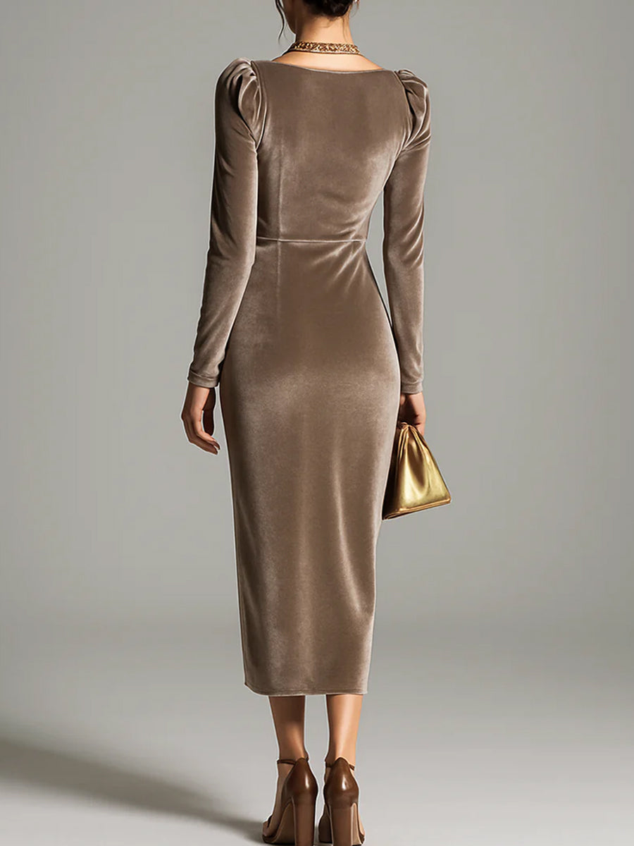 Christmas Red Cowl Neck Long Sleeve Fold Elegant Velvet Midi Dresses