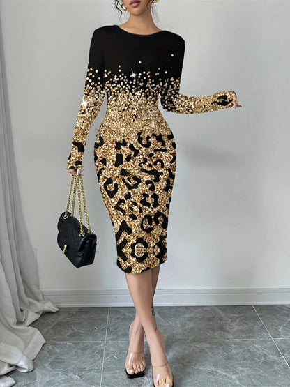 Party Black Leopard Round Neck Long Sleeve Bodycon Casual Midi Dresses