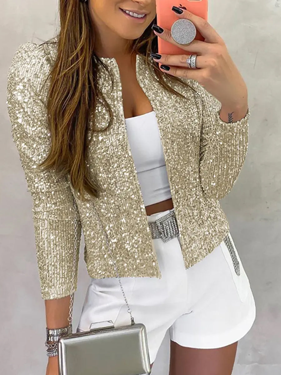 Fashion Leopard Print Sequin Long Sleeve Cropped Open Front Jacket