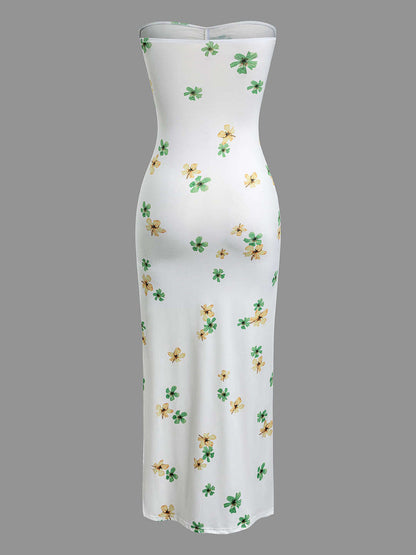 Floral Print Ruched Slit Strapless Maxi Dress