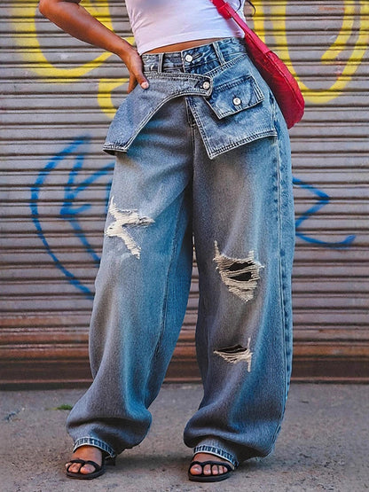 Daily Blue Pocket Casual Ripped Denim Jeans