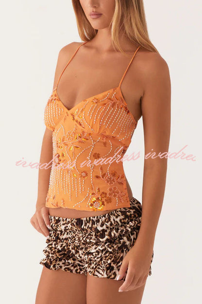 Dazzling Sequin Beaded Material Back Lace-up Loose Tank