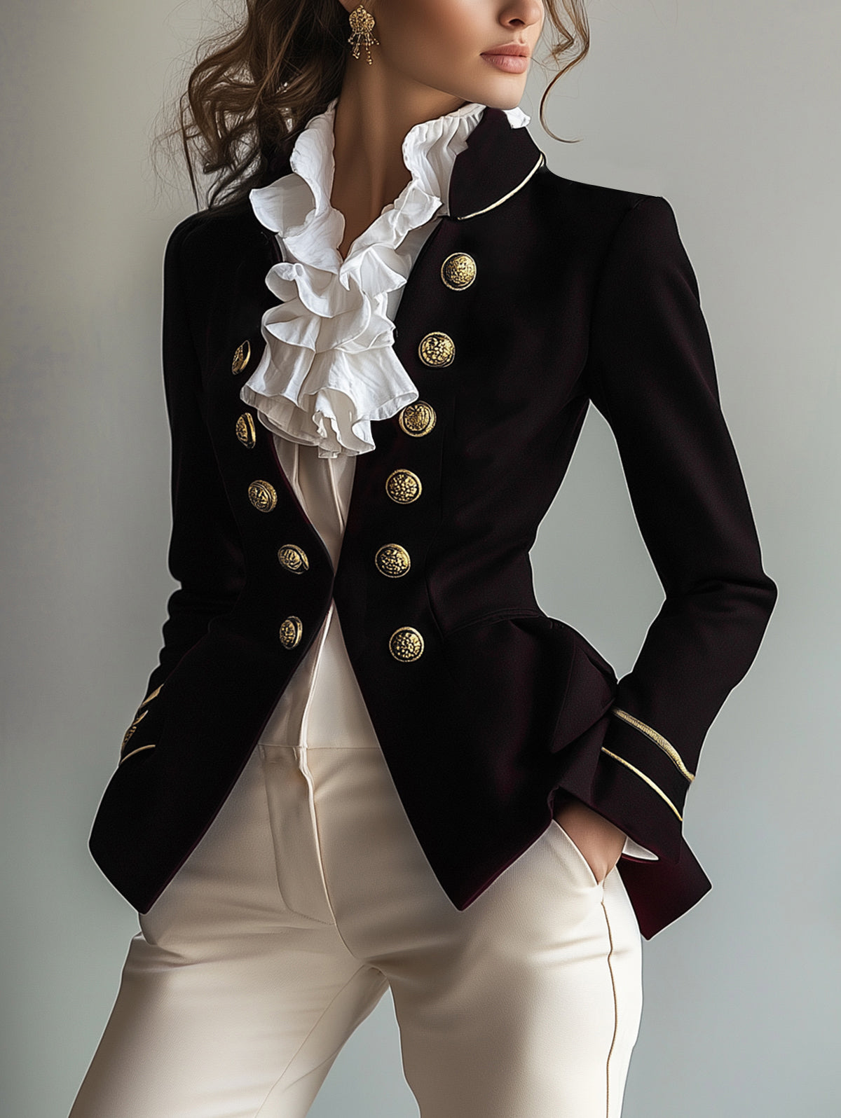 sheenchic Retro Stand Collar Button Long Sleeve Jacket