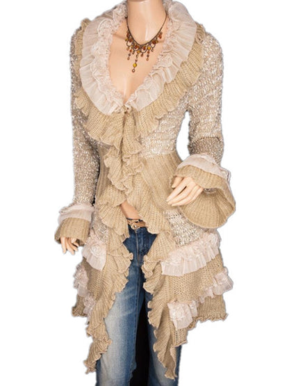 Daily Brown Stand-Up Collar Flare Long Sleeve Ruffle Vintage Contrast Knitted Cardigans