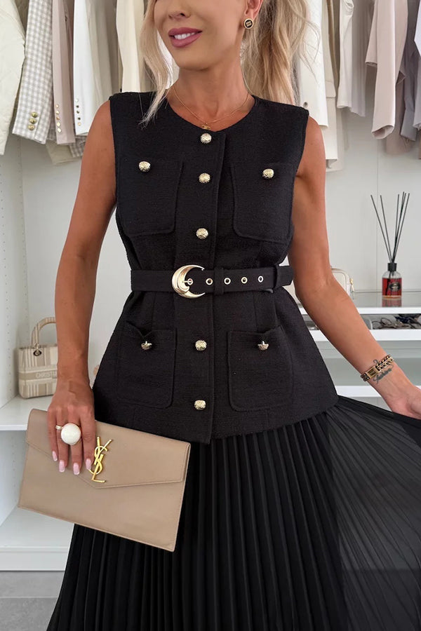 Relaxed and Elegant Round Neck Button Up Belted Pocket Loose Vest