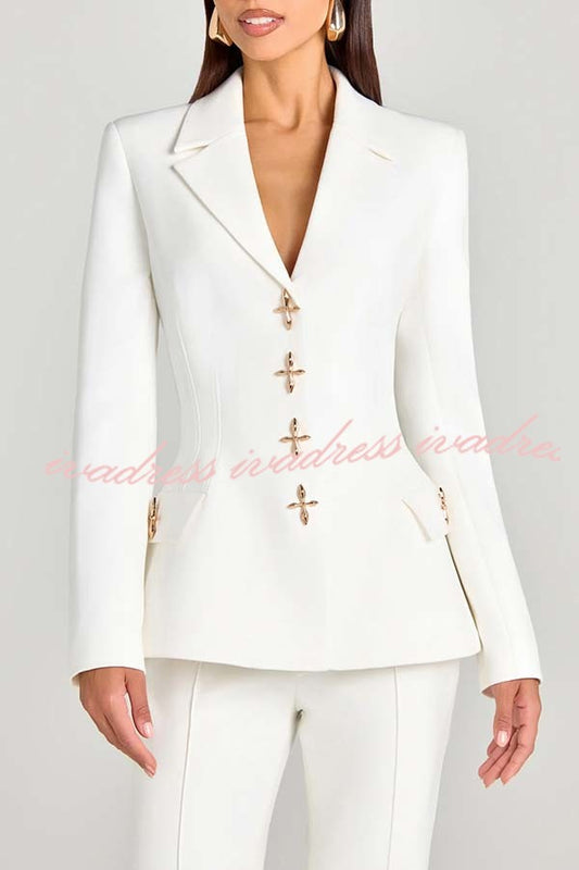 Women Power Metal Cross Snap Button Long Sleeve Lapel Blazer