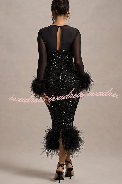 Glamor and Drama Mesh Sequin Patchwork Feather Trim Stretch Midi Dress