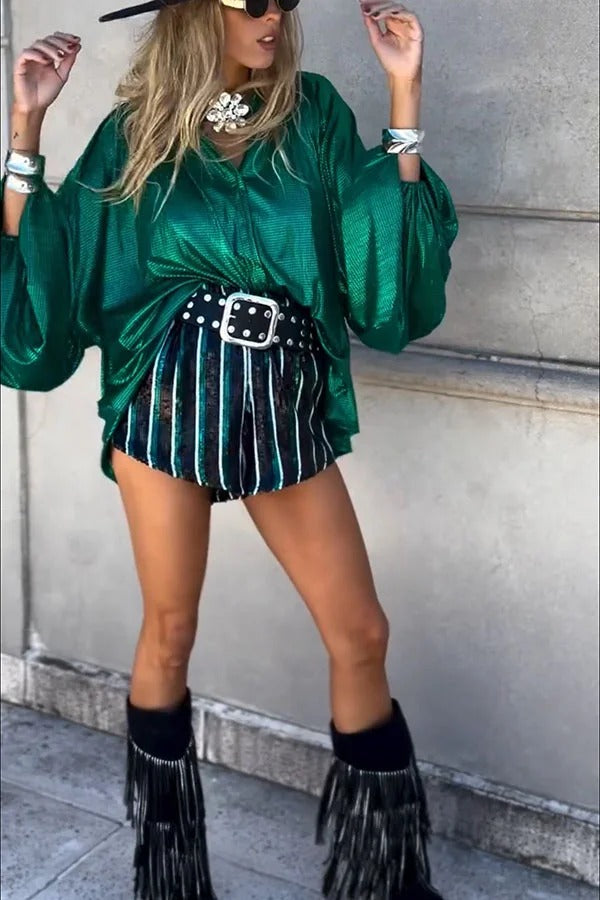 Cheers To That Glitter Fabric Button Up Balloon Sleeve Loose Blouse