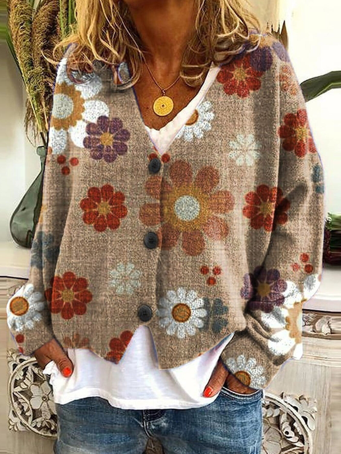 Casual Floral Pattern Three Button Knit Sweater Cardigan
