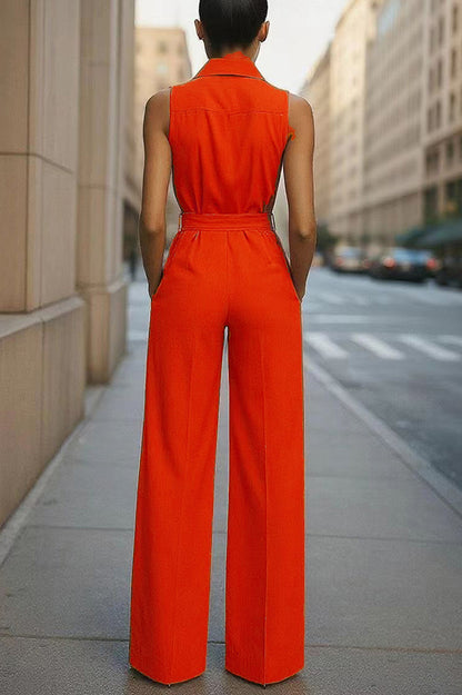 Mono informal de pierna ancha con bolsillos y lazo de cintura alta sin mangas con solapa de moda 