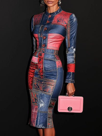 sheenchic Daily Blue Denim Print High Collar Long Sleeve Bodycon Casual Midi Dresses [Pre-Order]