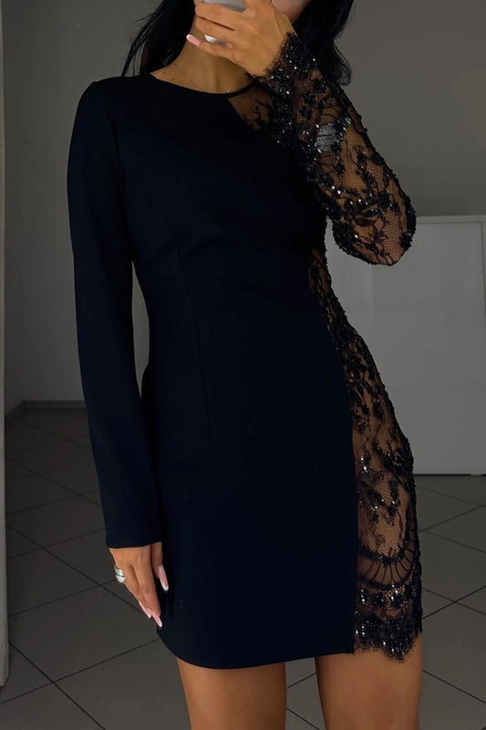 Vestido mini de manga larga con diseño floral, lentejuelas y patchwork de cuentas para cócteles 