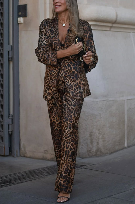Chic View Leopard Print Tie-up Waist Lapel Blazer and Elastic Waist Loose Pants Set