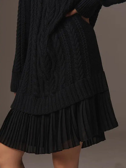 Daily Chiffon Beige Round Neck Long Sleeve Contrast Casual Knitted Mini Dresses