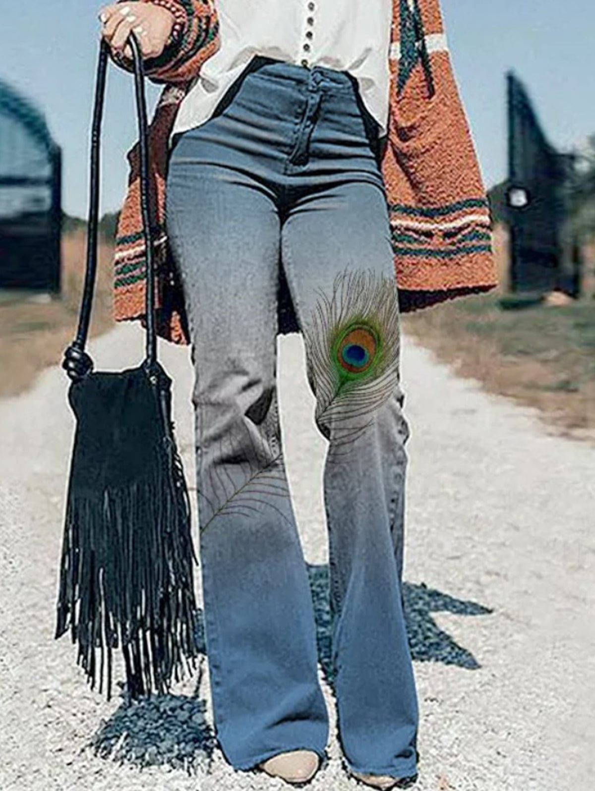 Casual High-rise Floral Pattern Flare Leg Jeans