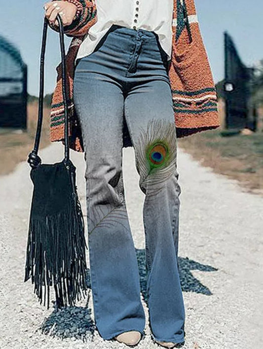 Casual High-rise Floral Pattern Flare Leg Jeans