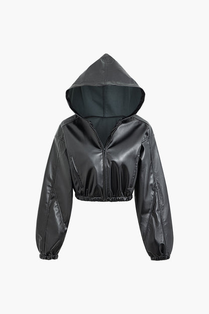 Faux Leather Cropped Hoodie Jacket