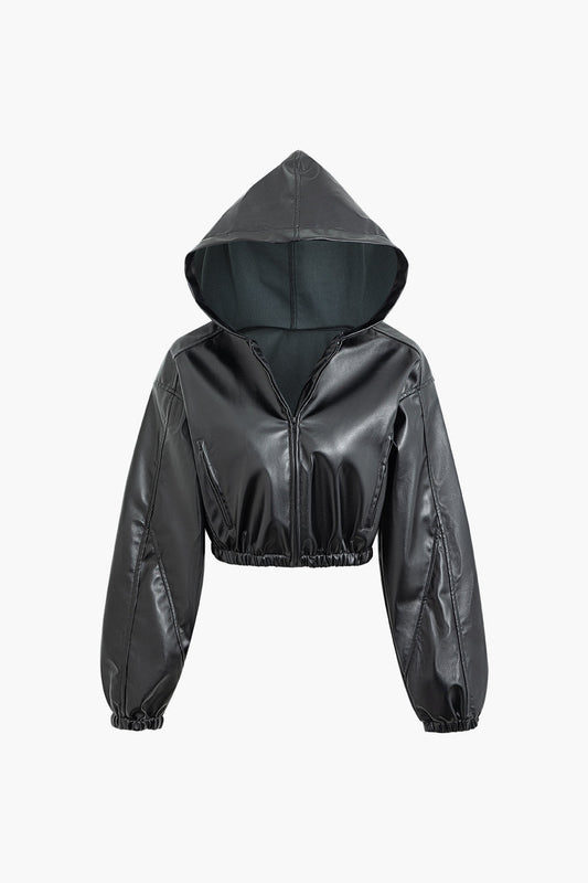 Faux Leather Cropped Hoodie Jacket