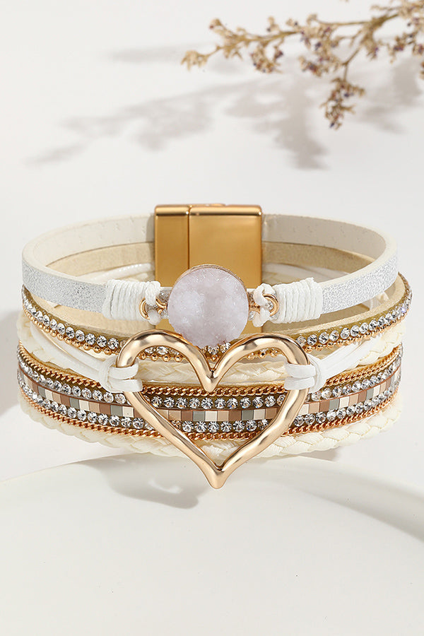 Bohemian Leather Cord Multi-layered Raw Stone Heart Bracelet