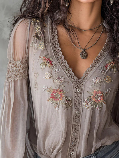 sheenchic Vacation Lace Grey Floral V Neck Long Sleeve See Through Boho Contrast Tulle Blouses [Pre-Order]
