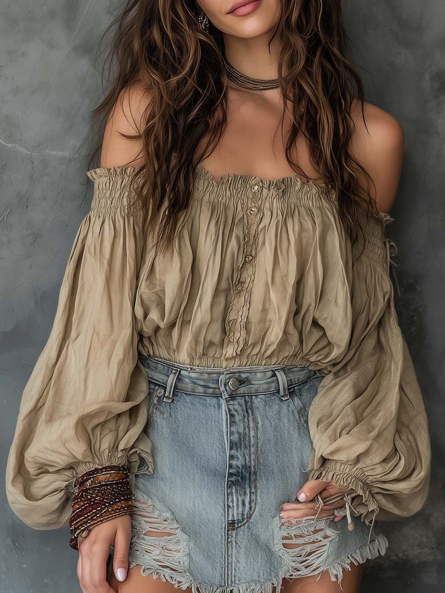 Bohemian Linen-Cotton Off-Shoulder Blouse