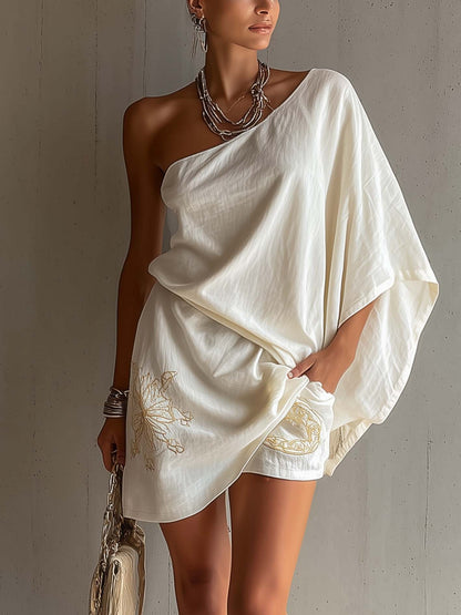 White Embroidered One Shoulder Linen Cotton Mini Romper Dress